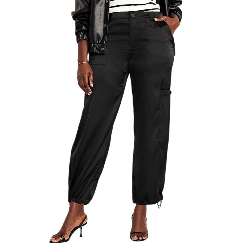 Old Navy High-Waisted Satin Cargo Jogger Pants In Blackjack Sz L